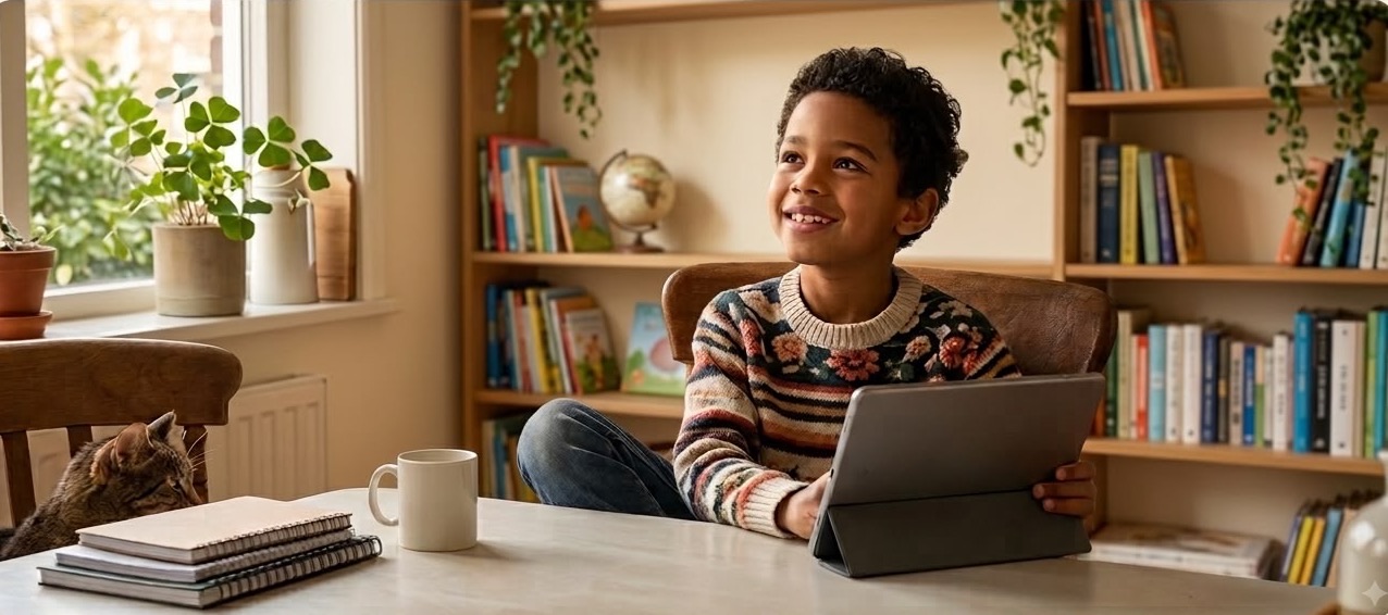 Een kind leert rustig met een tablet aan tafel